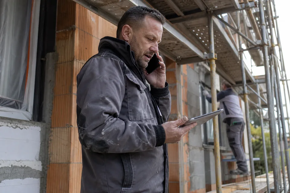 Właściciel firmy budowlanej odbiera telefon od klienta na budowie domu