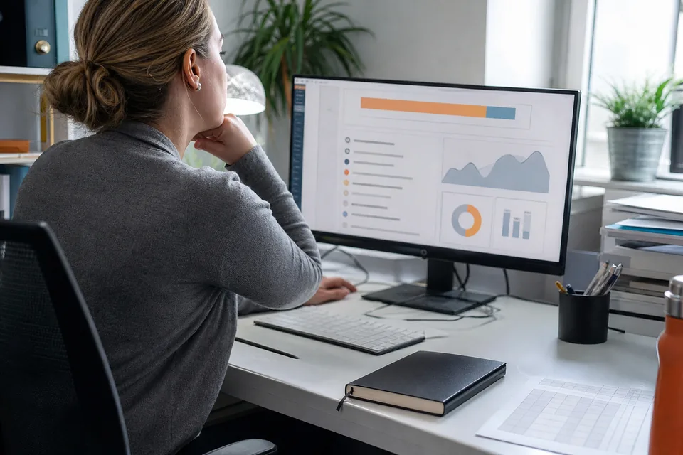 Specjalistka marketingu przegląda jeden panel z planem kampanii i dziennikiem zmian na dużym monitorze