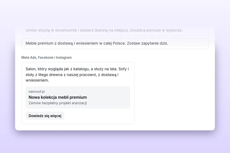 Podgląd reklamy Meta Ads z tekstem głównym, nagłówkiem i przyciskiem w planie kampanii