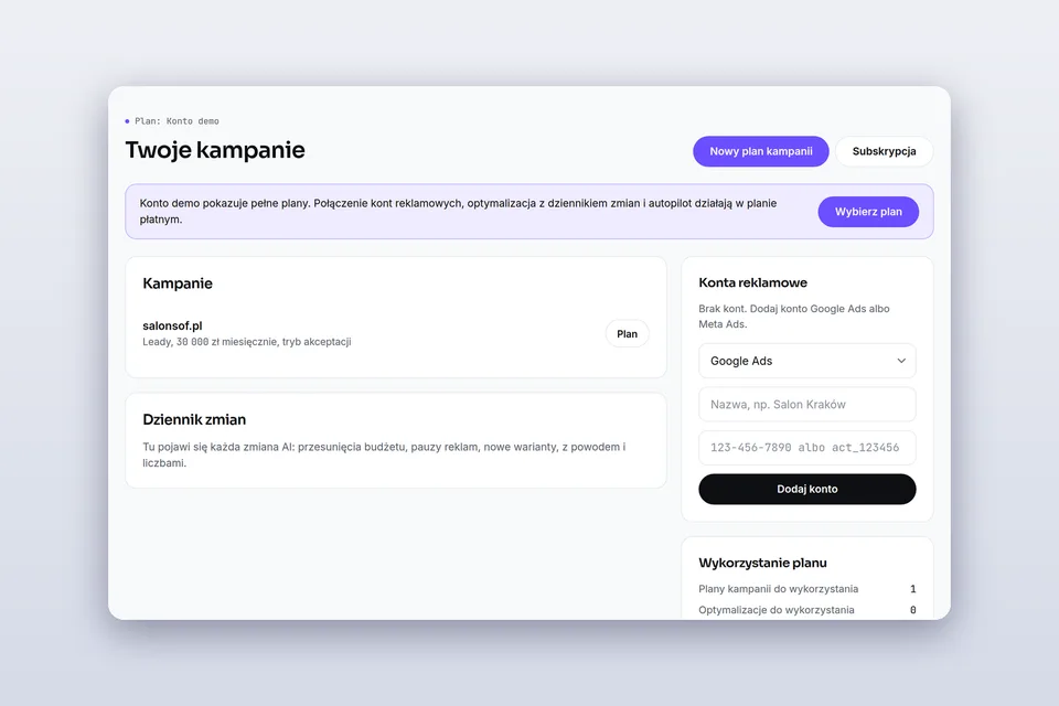 Panel z listą kampanii, kontami reklamowymi i dziennikiem zmian