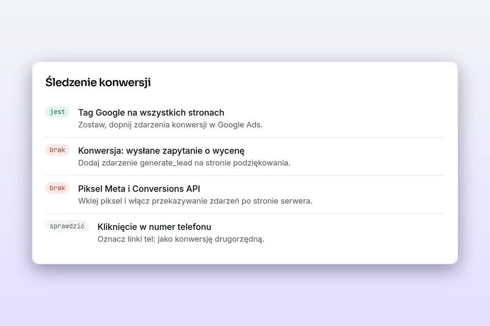 Sprawdzenie śledzenia konwersji: tag Google, zdarzenie zapytania i piksel Meta